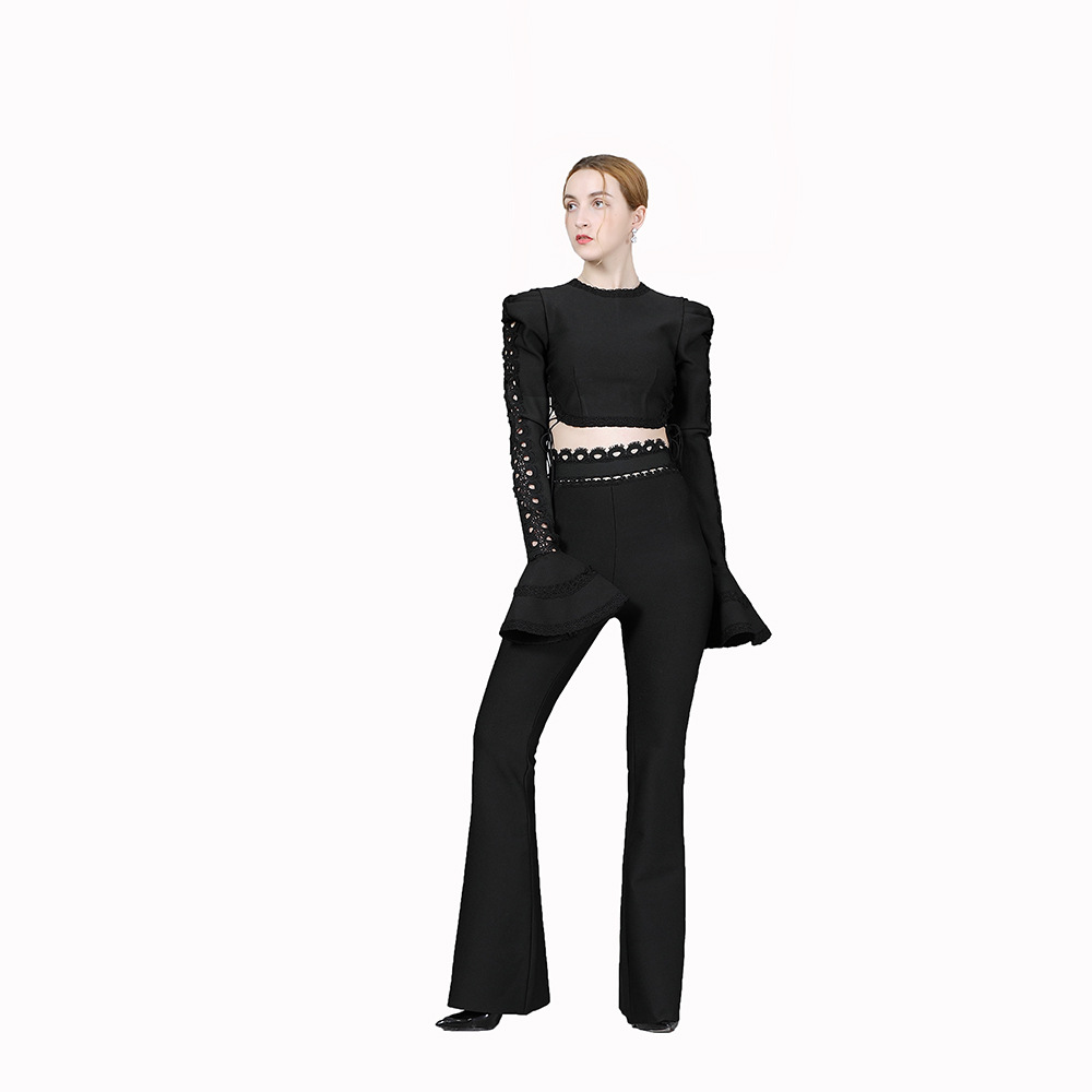 Cross border wholesale fashion women's tight bandage set long sleeved top flared pants two-piece set AliExpress Cross border wholesale fashion women's tight bandage set long sleeved top flared pants two-piece set AliExpress