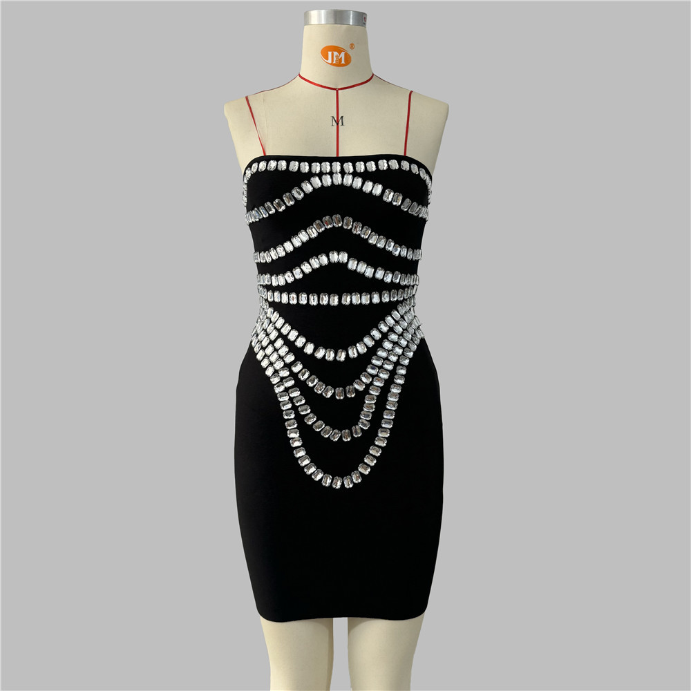 New Heavy Industry Party Dinner Bandage Dress with rhinestones, Personalized strapless Dress, Sexy Tight Women's Cross European New Heavy Industry Party Dinner Bandage Dress with rhinestones, Personalized strapless Dress, Sexy Tight Women's Cross European