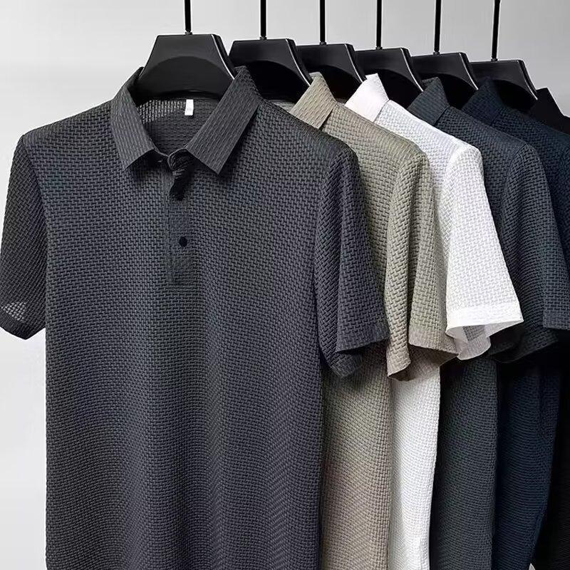 Summer new ice silk mesh short sleeved polo shirt men's solid color versatile ice feeling business casual half sleeved top trendy