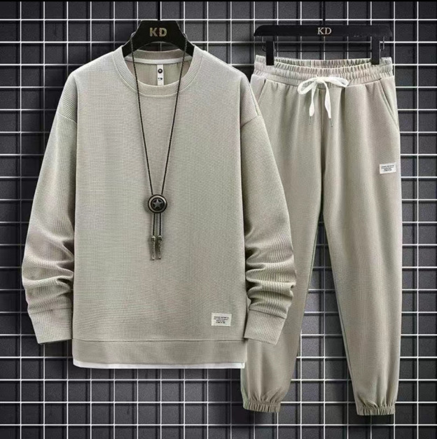 Waffle round neck hoodie set for autumn and winter, new solid color casual Hong Kong style loose long sleeved top Waffle round neck hoodie set for autumn and winter, new solid color casual Hong Kong style loose long sleeved top