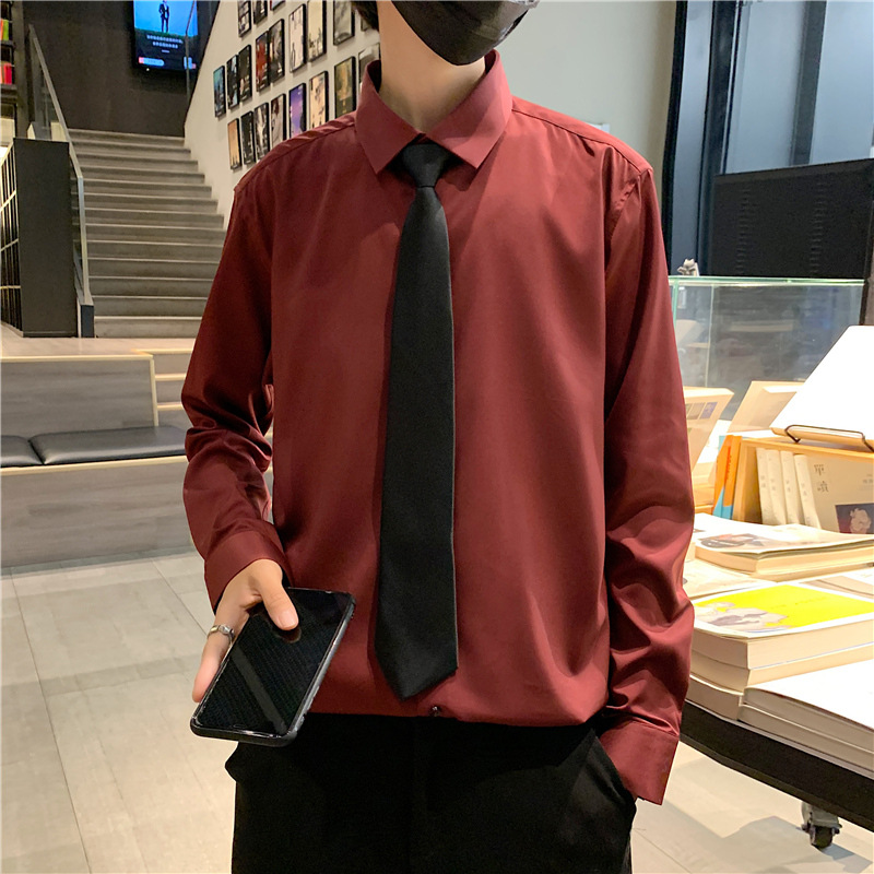 Long sleeved shirt for men in summer and autumn, loose solid color with white lining, Korean style trendy and handsome casual work clothes Long sleeved shirt for men in summer and autumn, loose solid color with white lining, Korean style trendy and handsome casual work clothes
