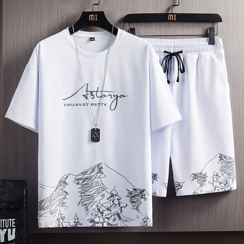 Short sleeved T-shirt set for men's summer new style snow mountain print fashion trend Korean version slim fit plus size sports two-piece set