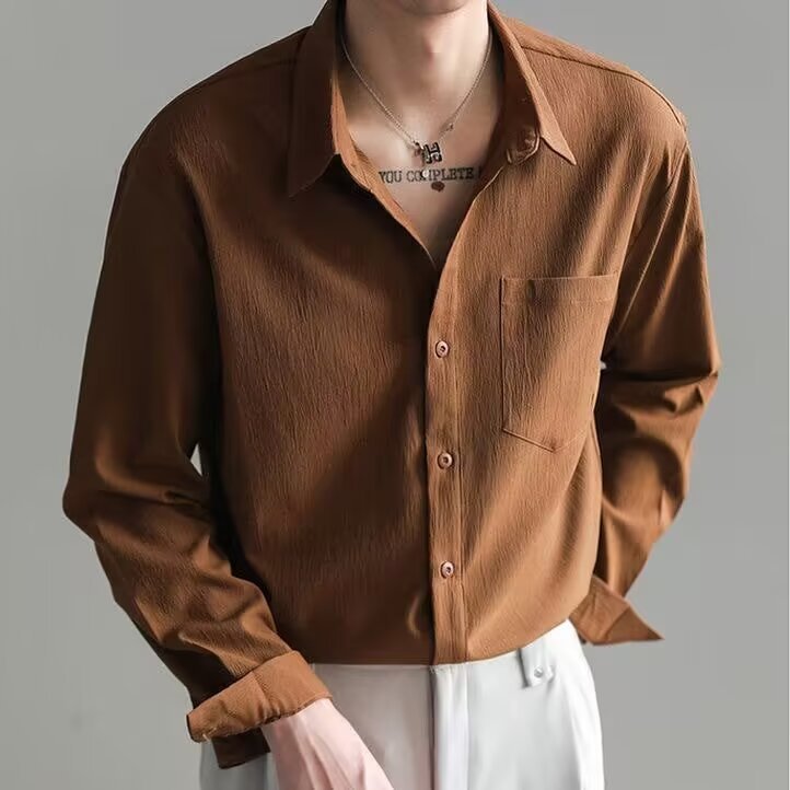 Solid color long sleeved shirt Japanese Hong Kong style ins loose shirt men's summer trend versatile jacket