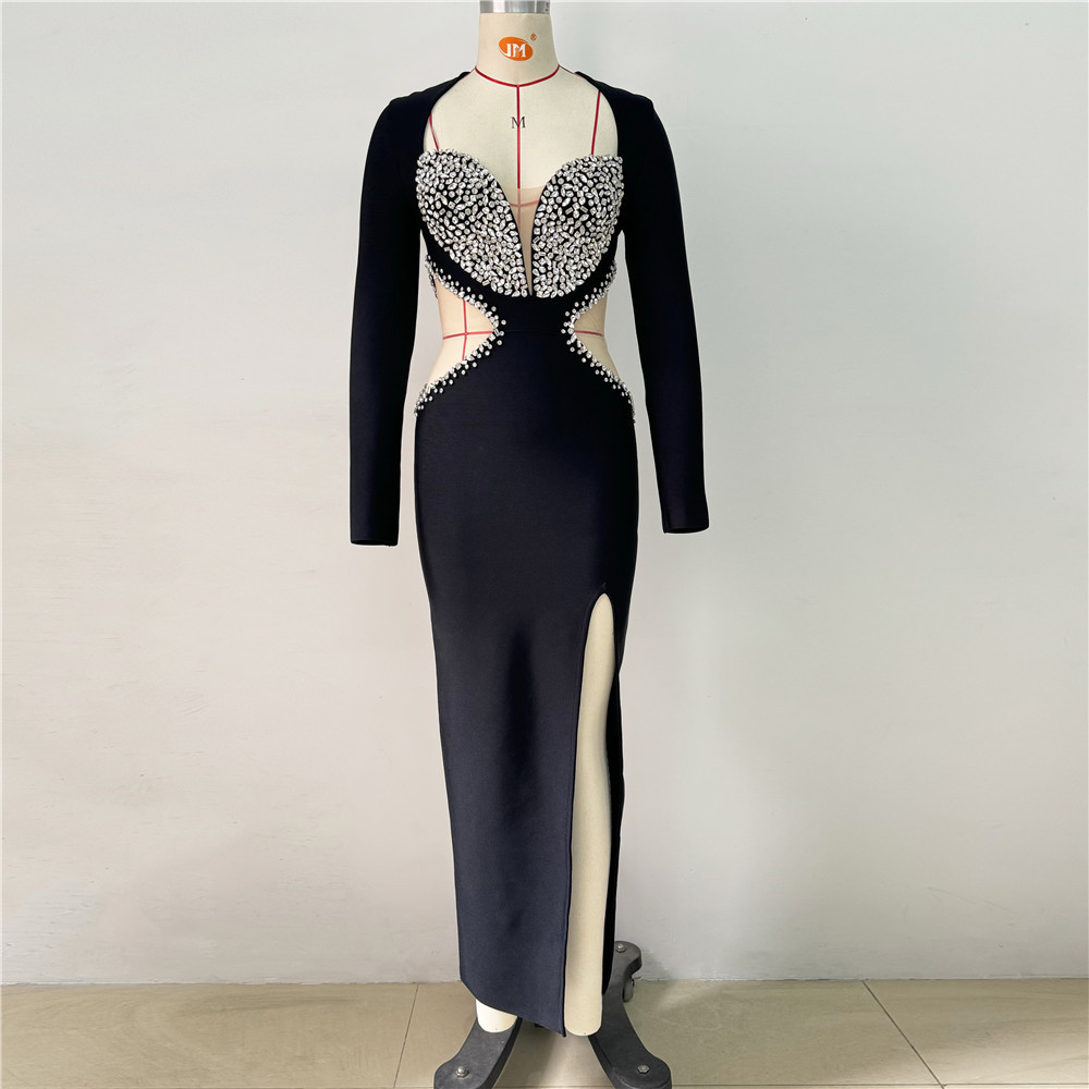 New European and American long sleeved bandage dress, mesh party evening dress, heavy-duty order, diamond wrapped buttocks, women's clothing, slim fit and long group New European and American long sleeved bandage dress, mesh party evening dress, heavy-duty order, diamond wrapped buttocks, women's clothing, slim fit and long group