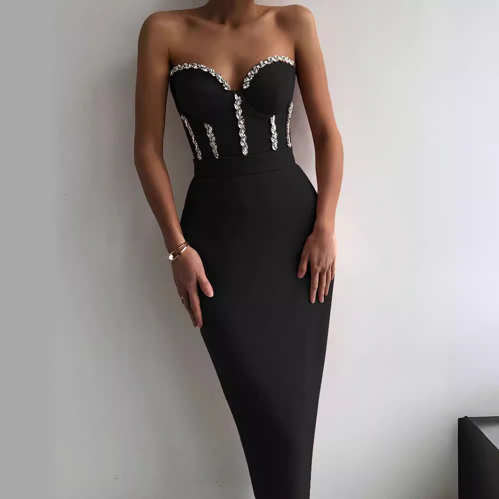 2024 summer new strapless sexy sparkling diamond decoration bag buttocks slimming slimming bandage mid length dress dress