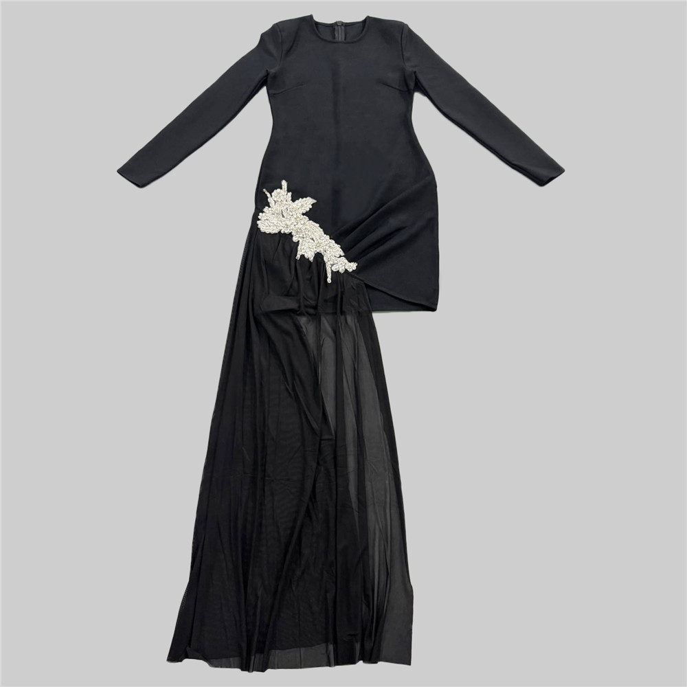 Round high neck long sleeved bandage skirt mesh dress splicing heavy metal European and American tight sexy women's clothing foreign trade Round high neck long sleeved bandage skirt mesh dress splicing heavy metal European and American tight sexy women's clothing foreign trade