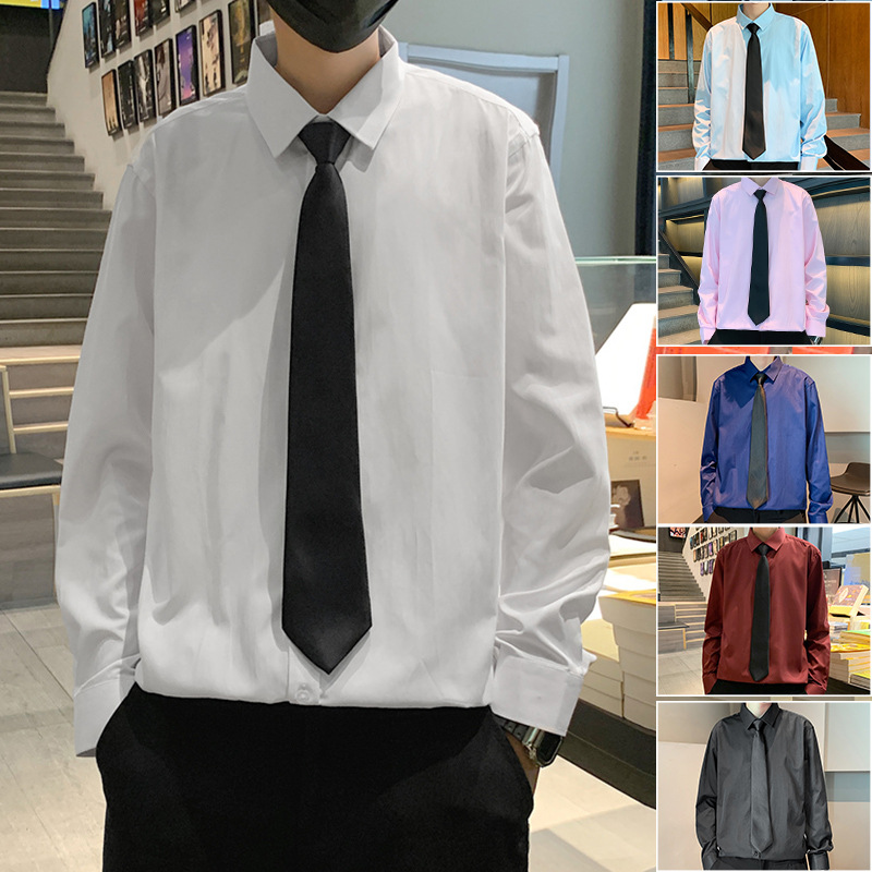 Long sleeved shirt for men in summer and autumn, loose solid color with white lining, Korean style trendy and handsome casual work clothes