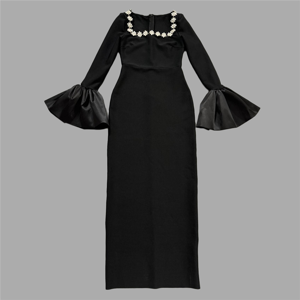European and American hip bandage dress, slim fit sexy trumpet long sleeved diamond cut women's square neck fashionable temperament evening dress European and American hip bandage dress, slim fit sexy trumpet long sleeved diamond cut women's square neck fashionable temperament evening dress