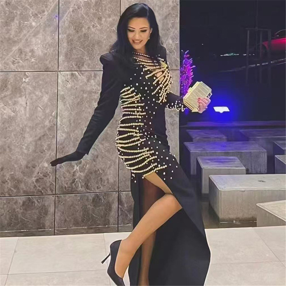 European and American cross-border new sexy V-neck hollow out heavy industry nail bead long sleeved bandage skirt socialite banquet evening gown jumpsuit