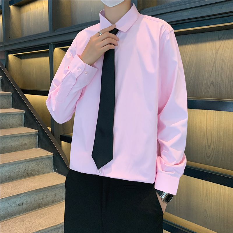 Long sleeved shirt for men in summer and autumn, loose solid color with white lining, Korean style trendy and handsome casual work clothes Long sleeved shirt for men in summer and autumn, loose solid color with white lining, Korean style trendy and handsome casual work clothes