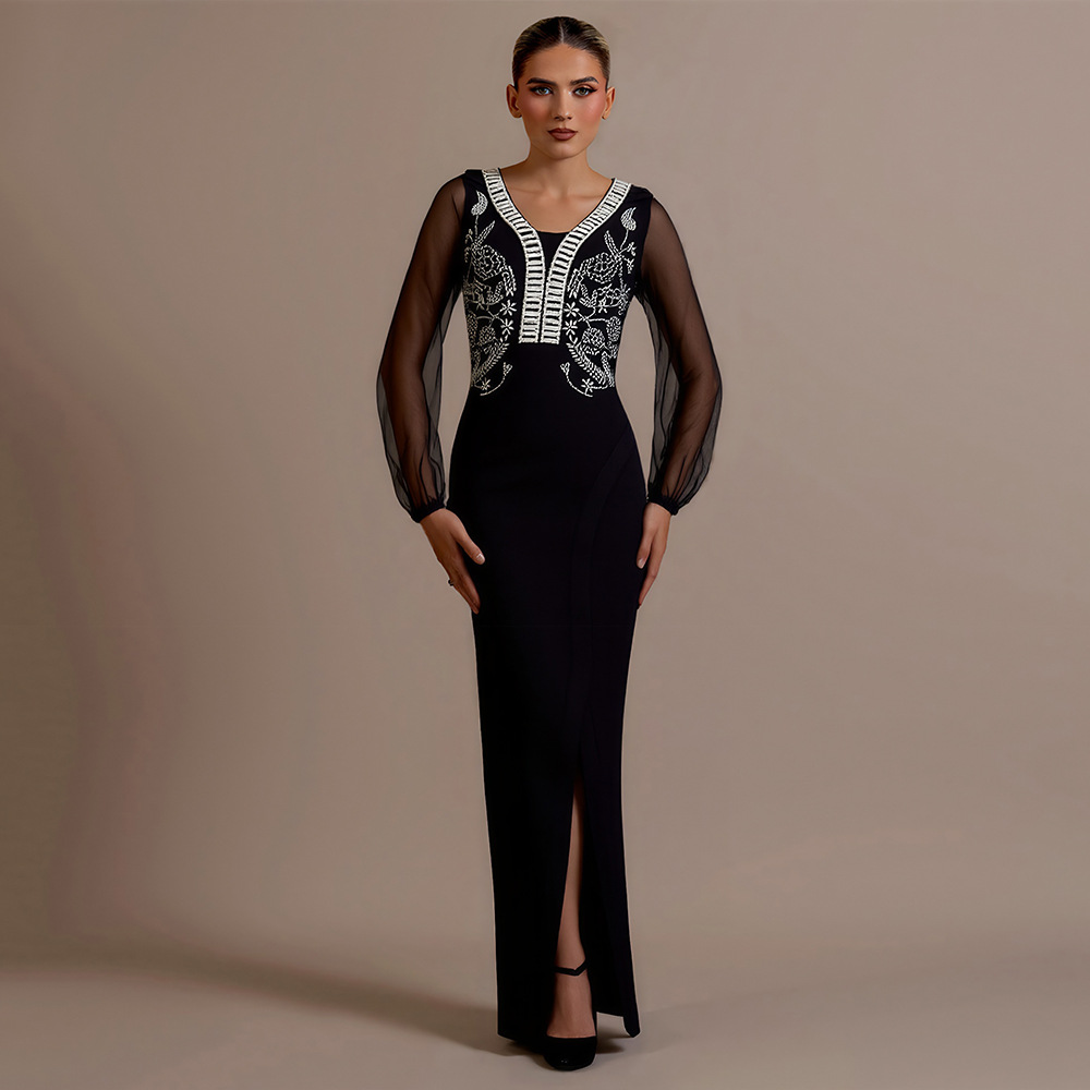 European and American new heavy industry nail bead hot drilling sexy V-neck slit mesh long sleeved patchwork bandage dress long style