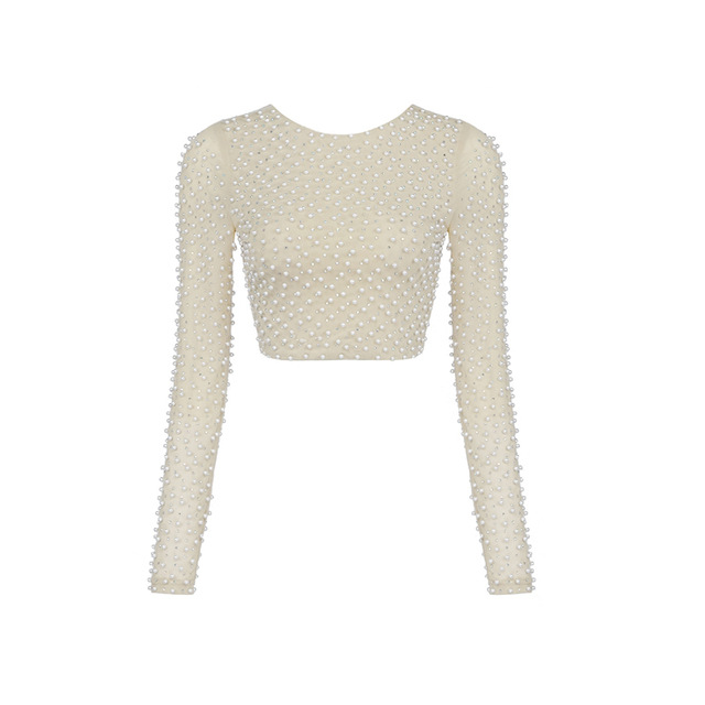 2022 autumn European and American style sexy commuting pullover, round neck mesh, nail bead long sleeved short, exposed navel slim fit top for women