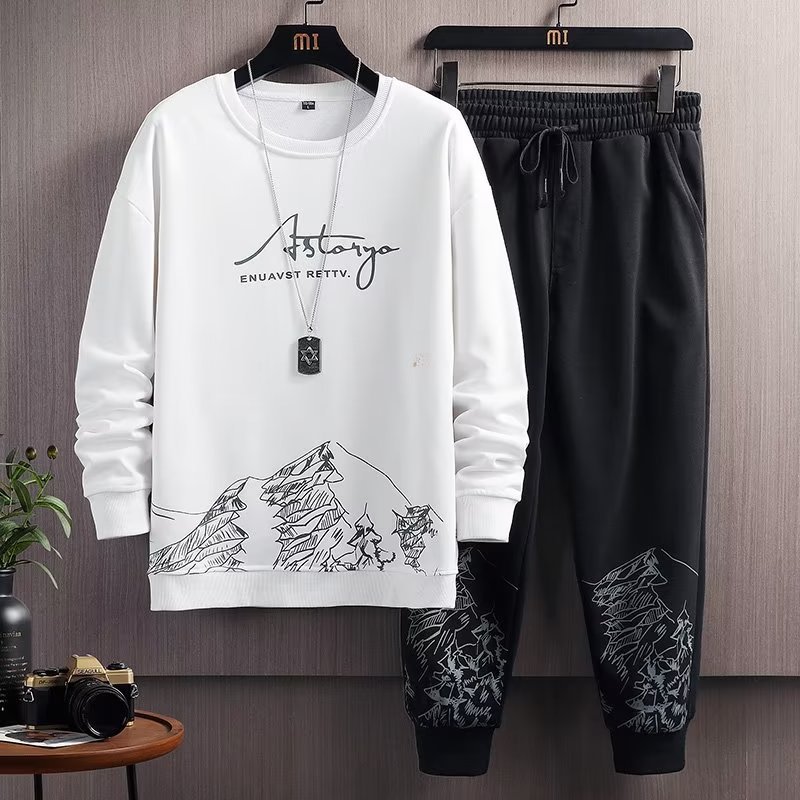 Snow Mountain Long sleeved Hoodie Set for Men's Autumn New Style Thin Imitation Cotton Round Collar Head Fashion Trend Watermark Two piece Set