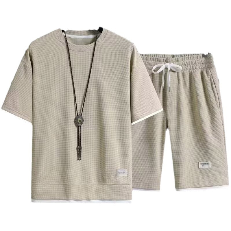 Waffle Short Sleeve Set for Men, Hong Kong Style Loose Large Size, Multi Color Available, Fashionable and Trendy Two Piece Set