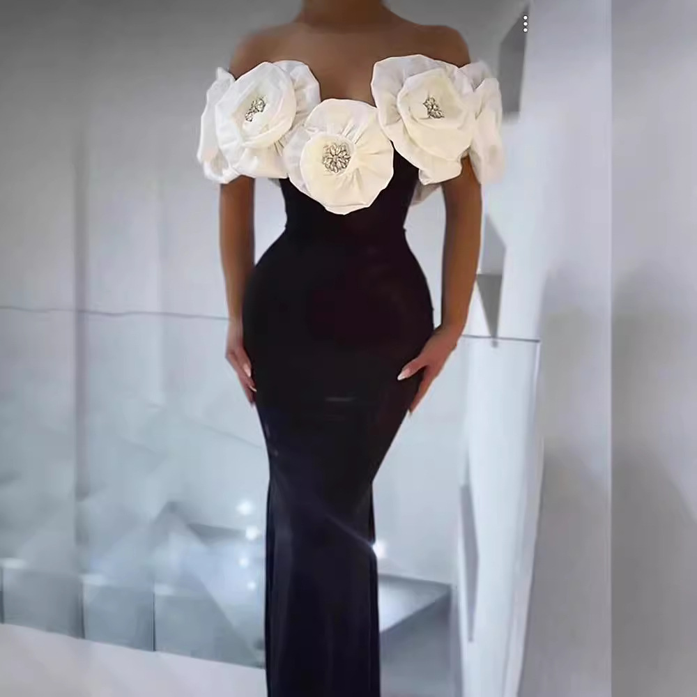 European and American dress with one collar and off shoulder, slim fit and slimming bandage skirt, large flower high-end women's clothing, foreign trade, cross-border Amazon