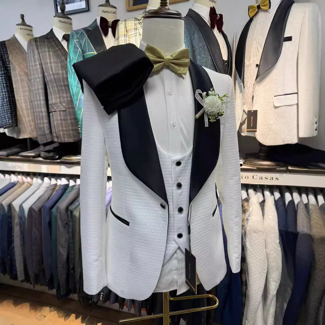 2025Man suit cross-border foreign trade jacquard men's wedding casual hosting white suit 3-piece set