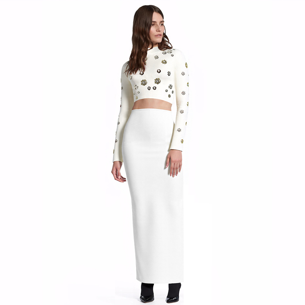 Cross border European and American new two-piece women's fashion color diamond nail bead long sleeved top long skirt bandage set Cross border European and American new two-piece women's fashion color diamond nail bead long sleeved top long skirt bandage set