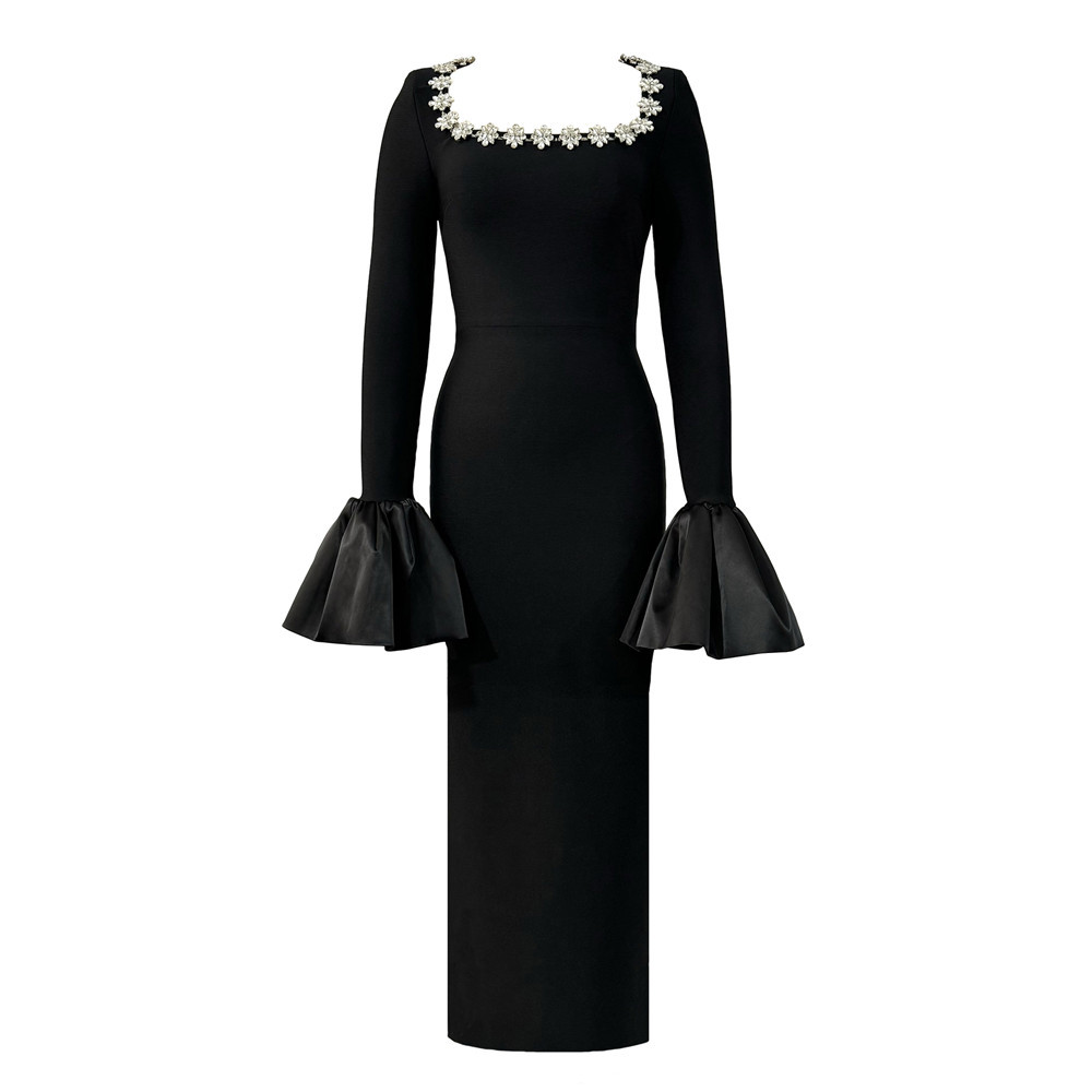 European and American hip bandage dress, slim fit sexy trumpet long sleeved diamond cut women's square neck fashionable temperament evening dress European and American hip bandage dress, slim fit sexy trumpet long sleeved diamond cut women's square neck fashionable temperament evening dress