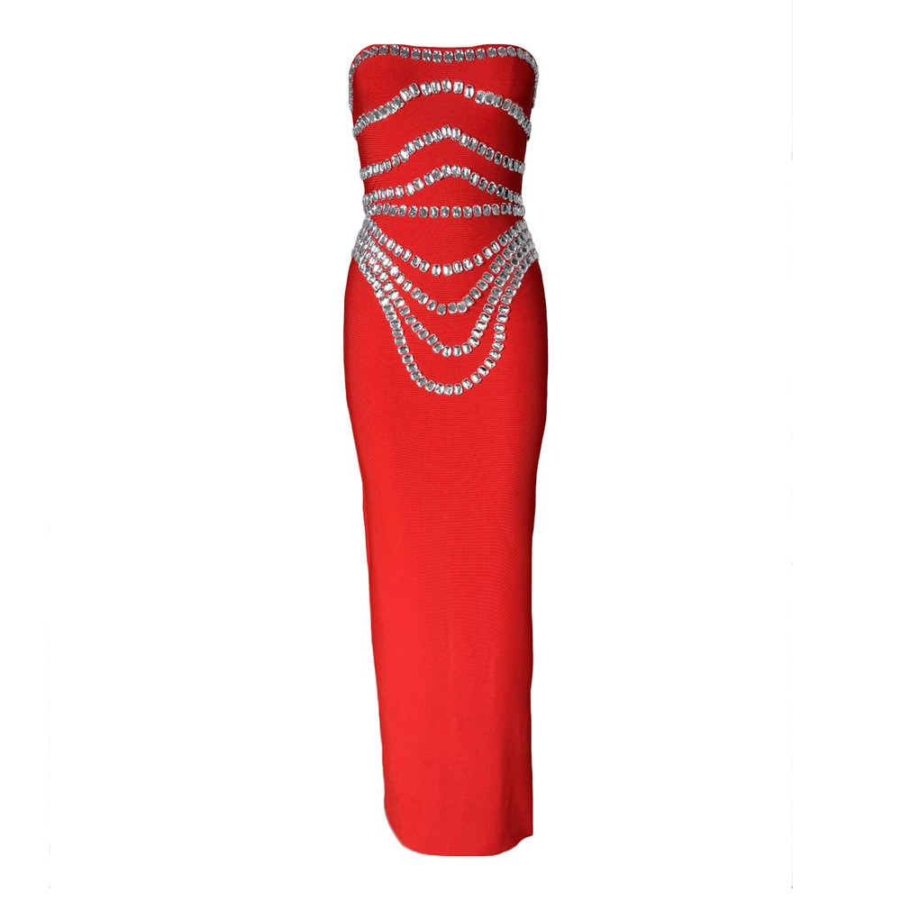New Fashion Bandage Dress, Sexy Chest Wrapping, Diamond Binding Heavy Industry Off Shoulder Women's Tight Hip Wrapping Skirt, Evening Dress