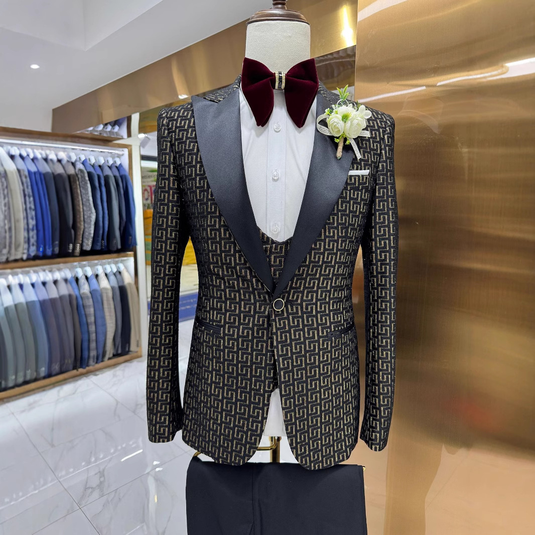 2025Man suit cross-border men's suit set autumn and winter printed wedding casual hosting suit 3-piece set