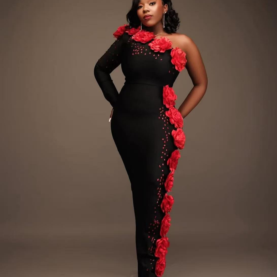 New Sexy Bandage Dress Flower Single Shoulder Women's Medium to Long Party Dress European American Cross border African Fashion