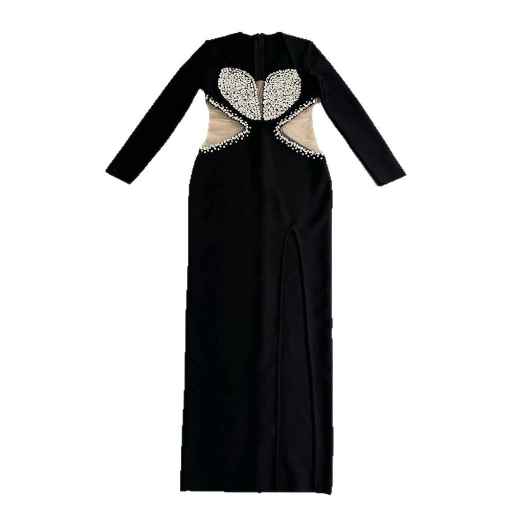 New European and American long sleeved bandage dress, mesh party evening dress, heavy-duty order, diamond wrapped buttocks, women's clothing, slim fit and long group New European and American long sleeved bandage dress, mesh party evening dress, heavy-duty order, diamond wrapped buttocks, women's clothing, slim fit and long group