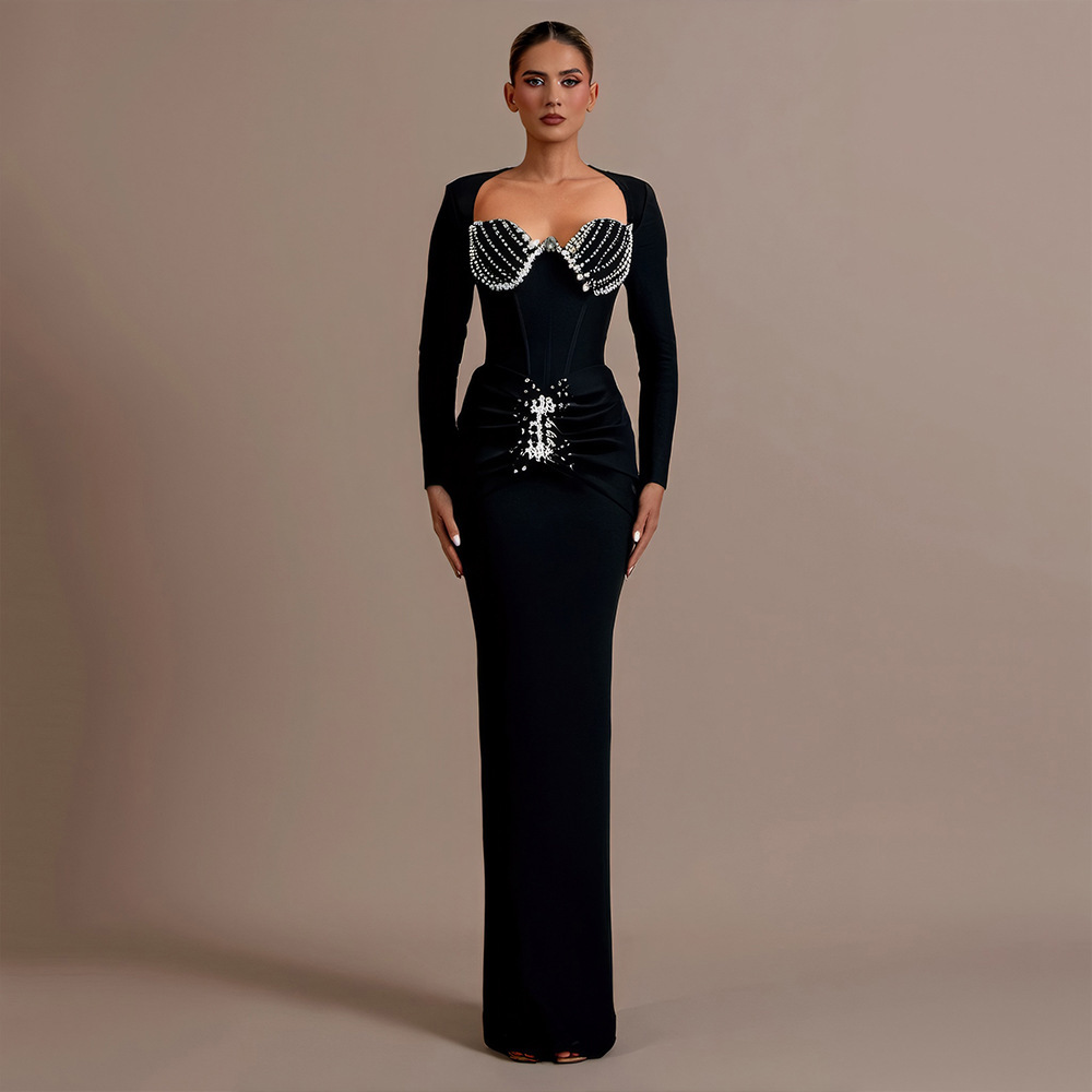 New Long Sleeve Bandage Dress with European and American Style Long Dress Fashion Dress Heavy Industry Diamond Customized Women's Dress Style Foreign Trade