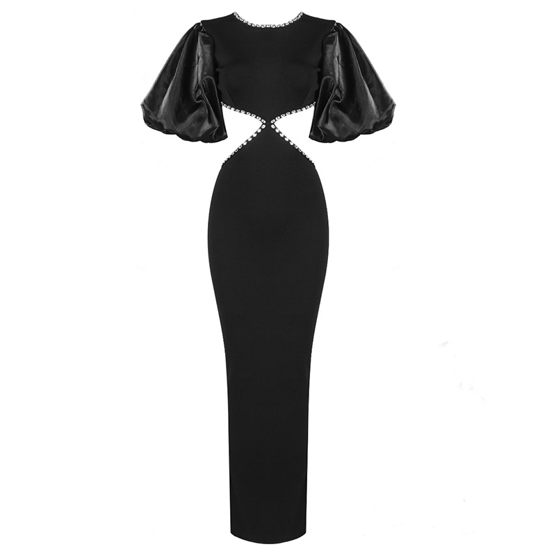 2022 new backless bow design zipper French style fluffy short sleeved long skirt bandage banquet dress for women