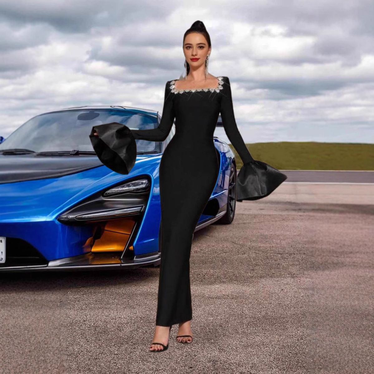 European and American hip bandage dress, slim fit sexy trumpet long sleeved diamond cut women's square neck fashionable temperament evening dress European and American hip bandage dress, slim fit sexy trumpet long sleeved diamond cut women's square neck fashionable temperament evening dress