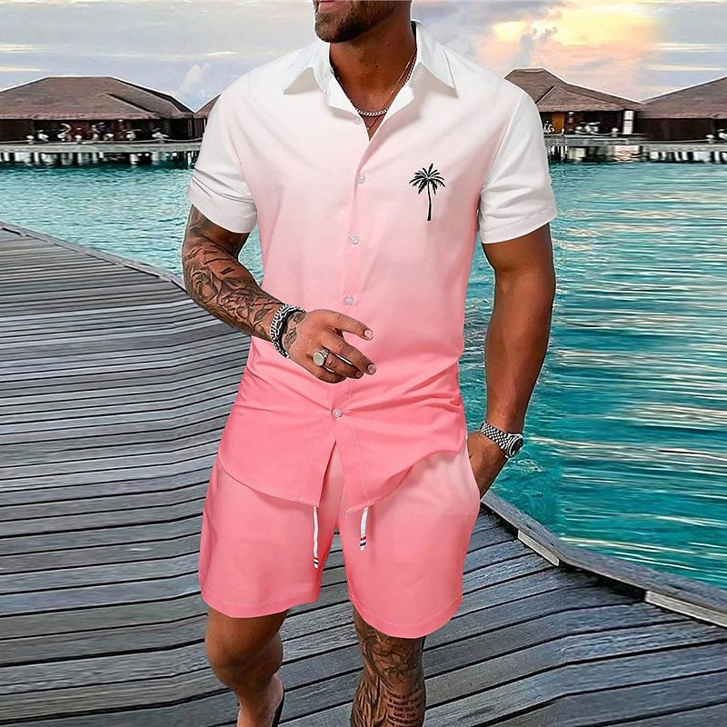 Cross border Amazon Summer Men's Shirt Set Hawaii Gradient 3D Printed Outdoor Short sleeved Shorts 2-piece Set
