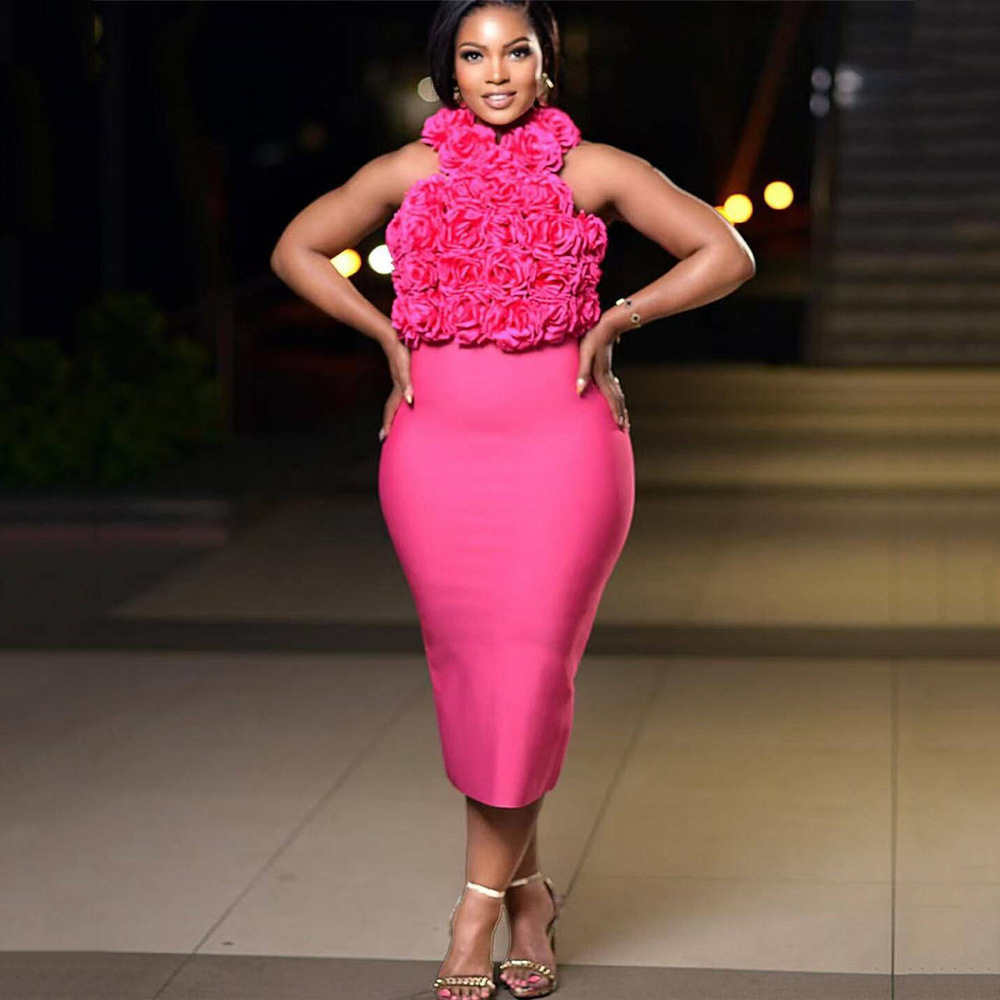 European and American bandage dress sexy and fashionable hanging neck backless three-dimensional flower foreign trade women's sleeveless dress cross-border Africa