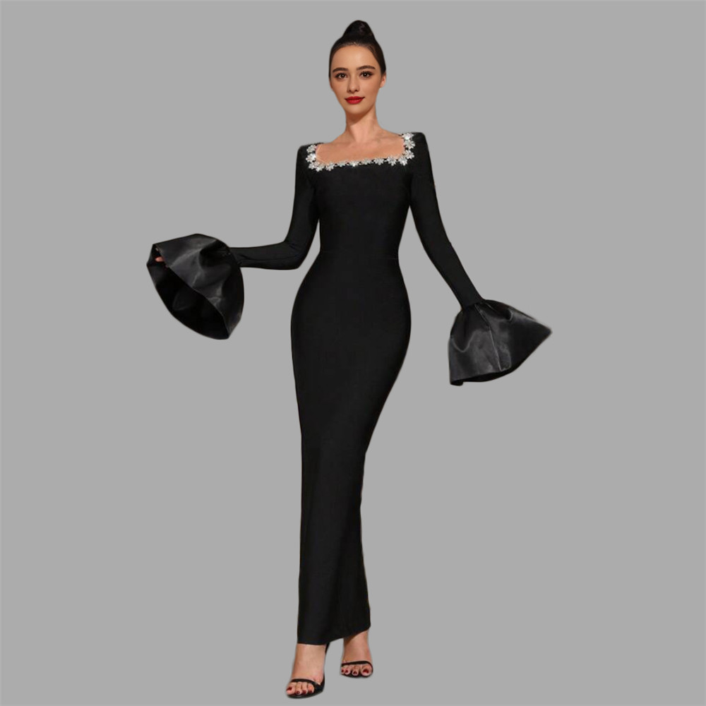 Cross border European and American socialite temperament elegant nail drill trumpet sleeve bandage dress banquet party evening dress long skirt