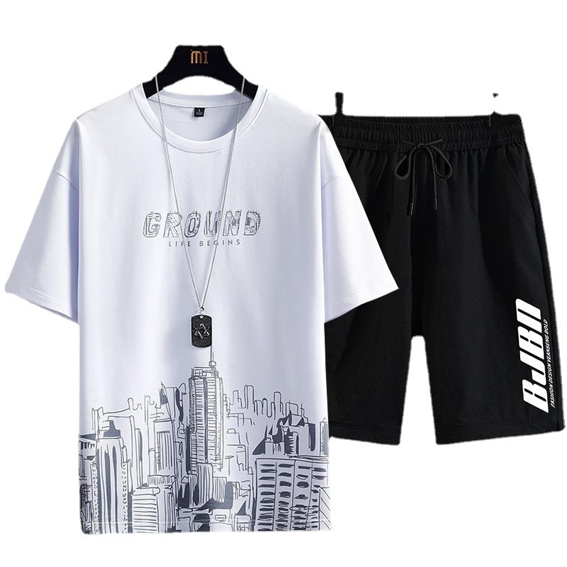 Short sleeved suit men's summer Korean version new fashion trend printed shorts for teenagers two-piece set Short sleeved suit men's summer Korean version new fashion trend printed shorts for teenagers two-piece set