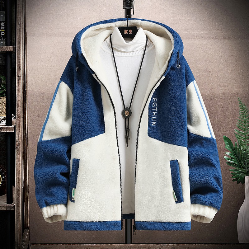 Lamb fleece jacket for men in winter, loose and trendy for teenagers and students, thick granular fleece jacket for men
