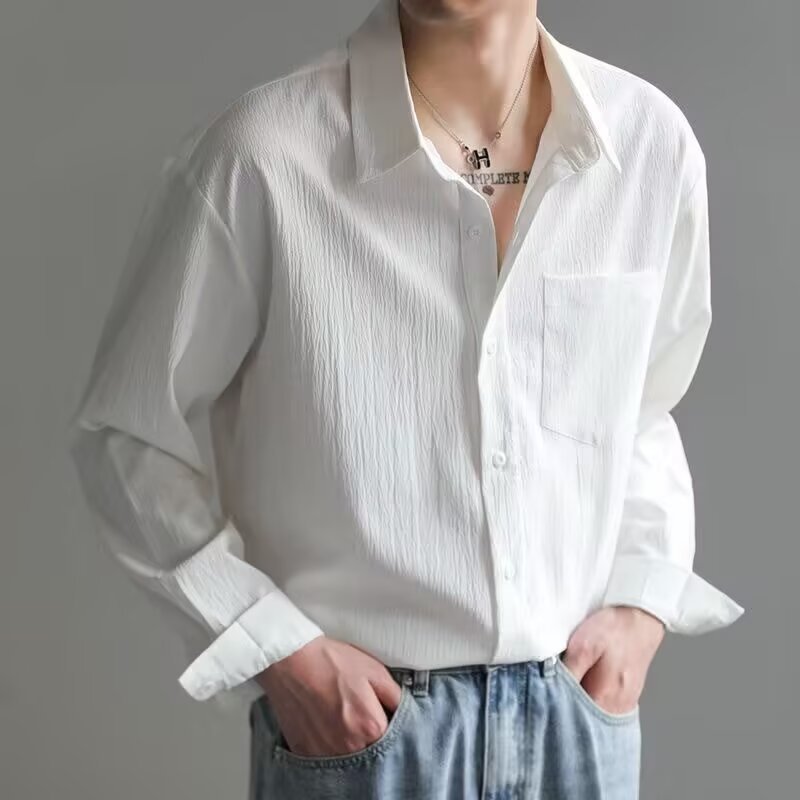 Solid color long sleeved shirt Japanese Hong Kong style ins loose shirt men's summer trend versatile jacket Solid color long sleeved shirt Japanese Hong Kong style ins loose shirt men's summer trend versatile jacket