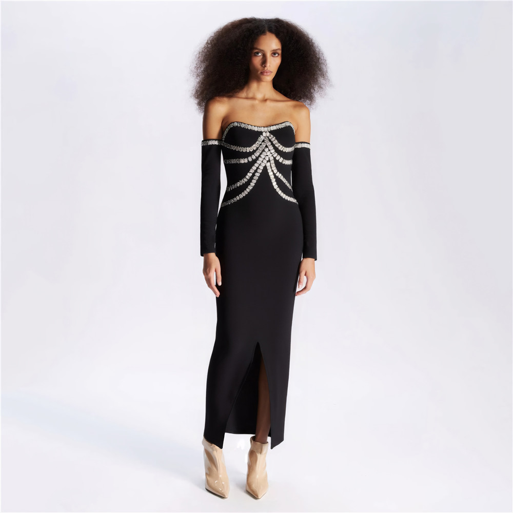 Cross border European and American heavy industry nail bead rhinestone shoulder bandage dress party dinner strapless slit dress