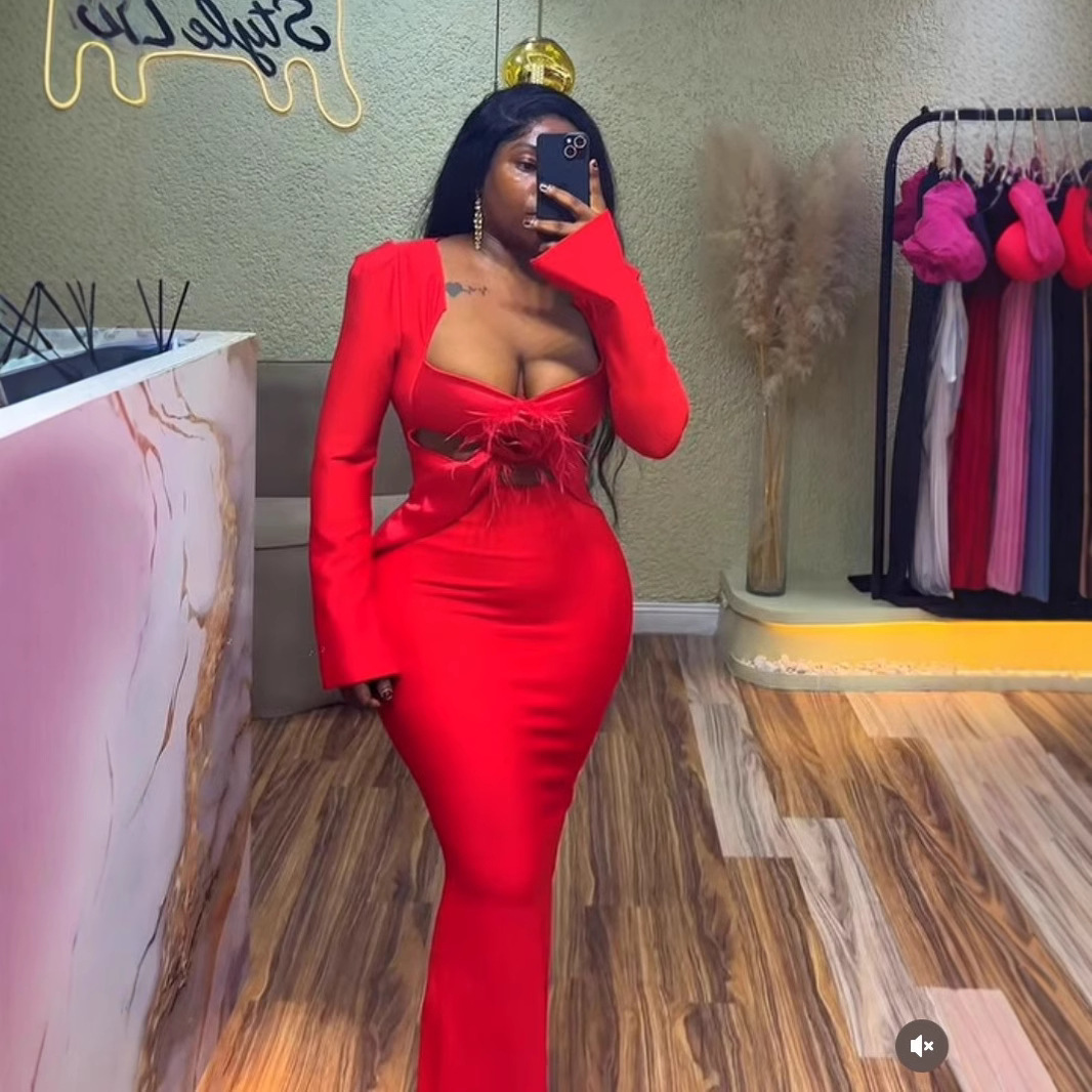 New European and American style bandage dress Christmas women's temperament long skirt sexy long sleeved hollow evening dress Amazon