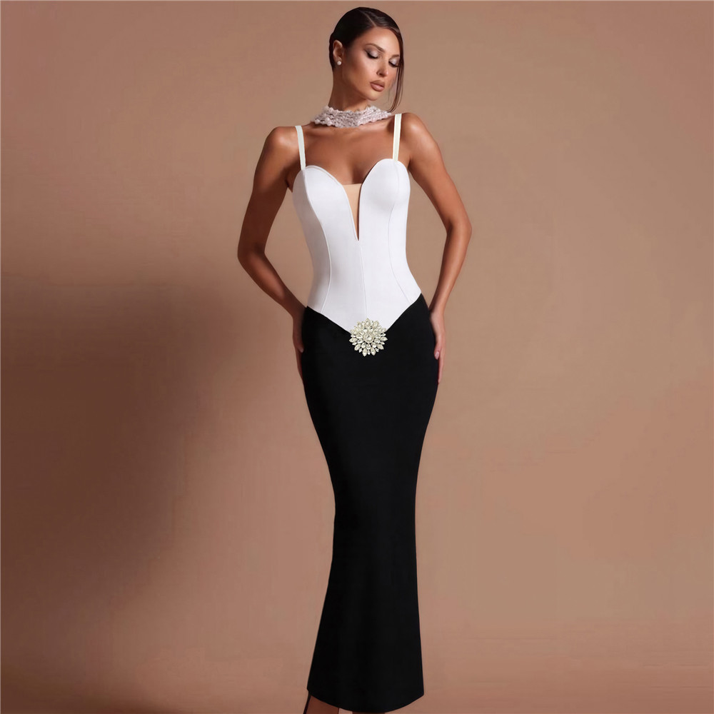 Luxury rhinestone bandage dress, European and American fashionable sexy suspender dress, evening dress temperament, slim fit women's clothing, cross-border