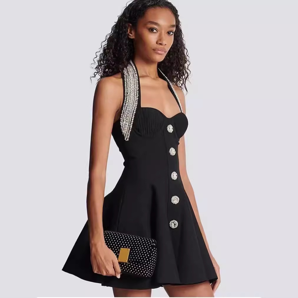 New European and American bandage dress sexy hanging neck and chest wrapped evening dress heavy studded diamond A-line short skirt party