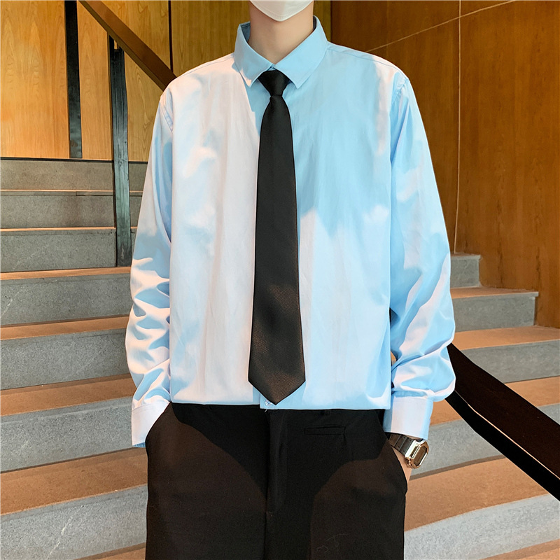 Long sleeved shirt for men in summer and autumn, loose solid color with white lining, Korean style trendy and handsome casual work clothes Long sleeved shirt for men in summer and autumn, loose solid color with white lining, Korean style trendy and handsome casual work clothes