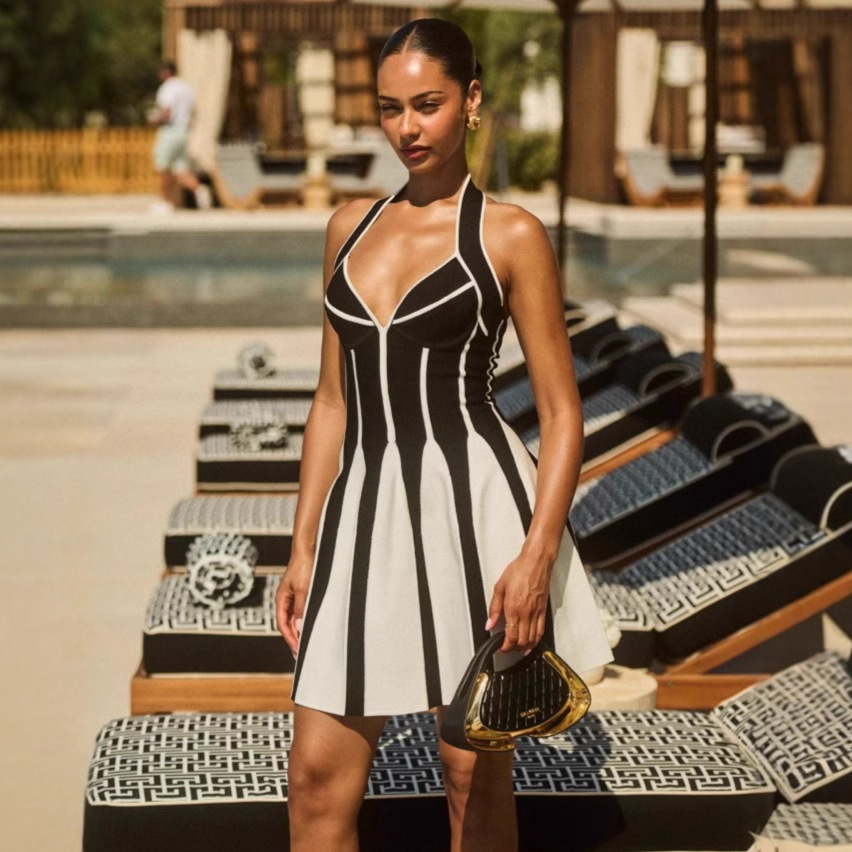 Fashion black and white low cut hanging neck, waist cinching short dress, temperament party vacation bandage, Dress