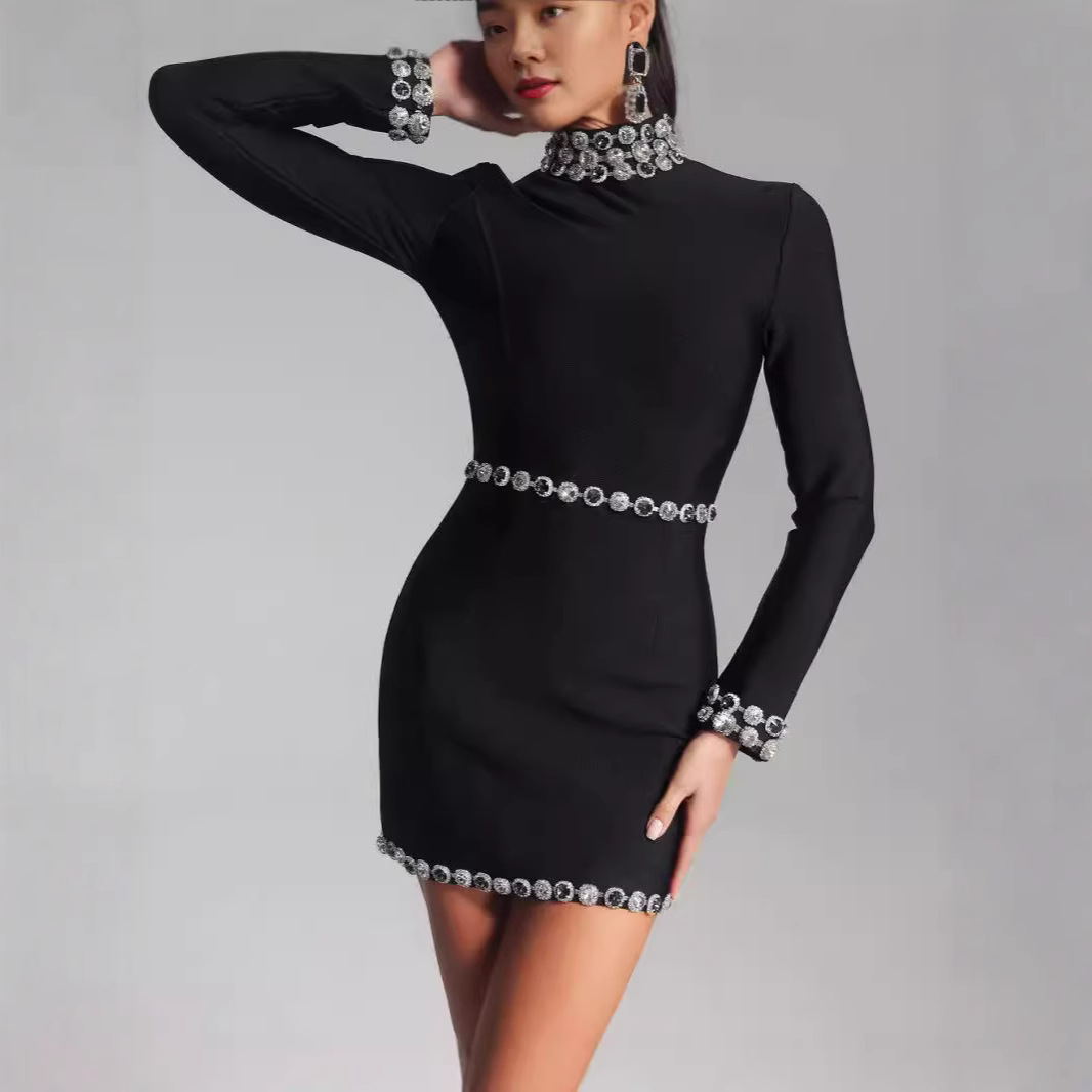 New sexy bandage dress, fashionable high-end evening dress, slim fit long sleeved diamond cut women's short dress, European