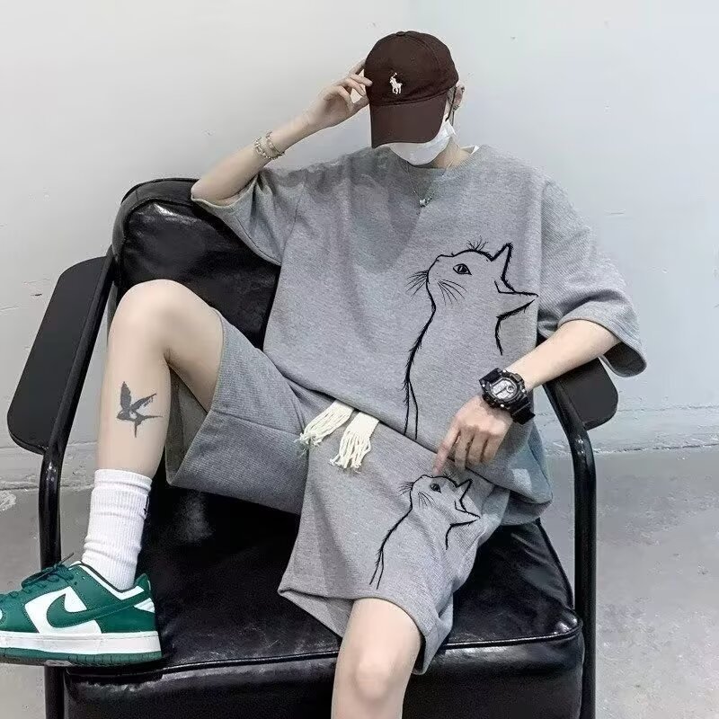 Sportswear set men's summer short sleeved T-shirt basketball jacket casual shorts two-piece set Korean version trend Sportswear set men's summer short sleeved T-shirt basketball jacket casual shorts two-piece set Korean version trend