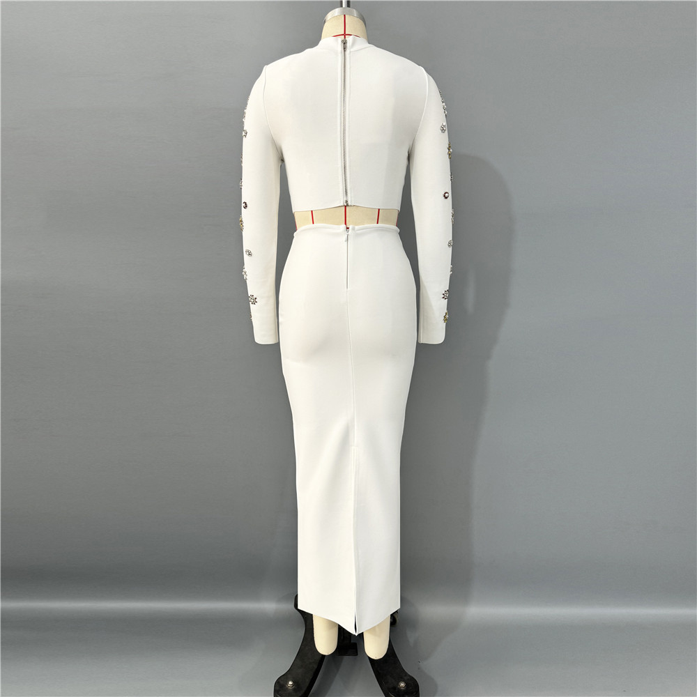 Cross border European and American new two-piece women's fashion color diamond nail bead long sleeved top long skirt bandage set Cross border European and American new two-piece women's fashion color diamond nail bead long sleeved top long skirt bandage set