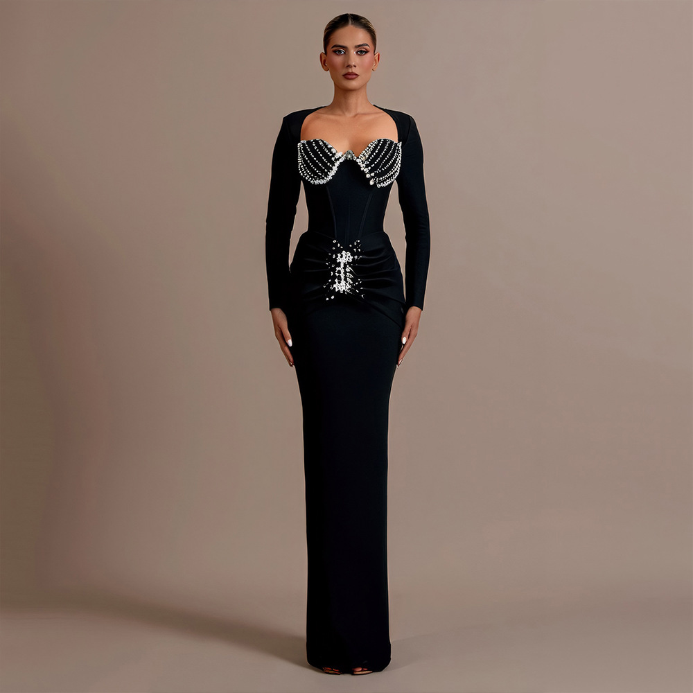 European and American cross-border new high-end luxury socialite style hot stamping bandage dress with temperament, slim and elegant dress, long skirt