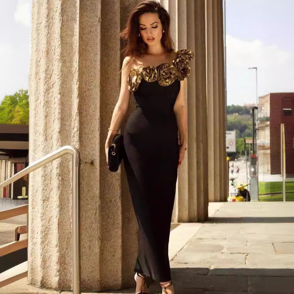 New three-dimensional golden flower shoulder bag hip bandage dress, fashionable and elegant party, cross-border women's clothing for foreign trade