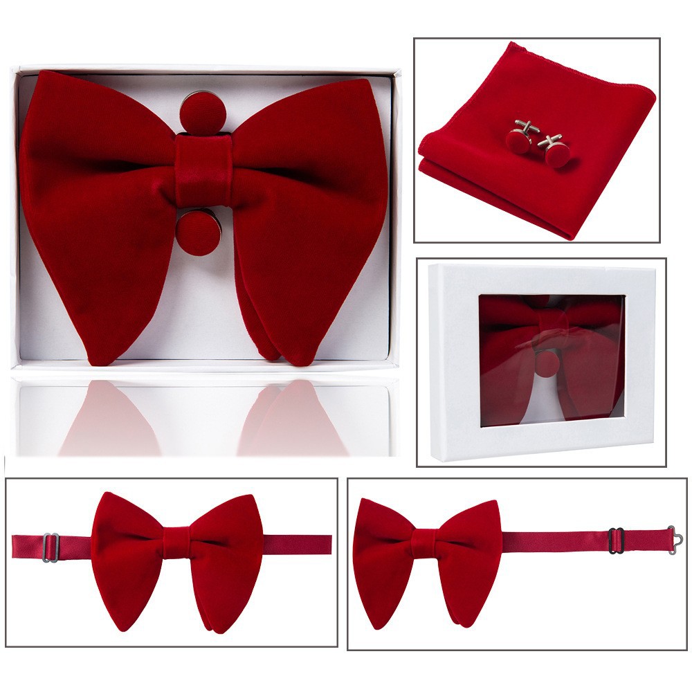 2025 bow tie gentleman velvet horn big bow tie handkerchief cufflinks set solid color bow tie gift box velvet