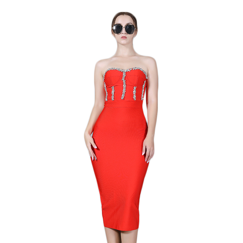 2024 summer new strapless sexy sparkling diamond decoration bag buttocks slimming slimming bandage mid length dress dress 2024 summer new strapless sexy sparkling diamond decoration bag buttocks slimming slimming bandage mid length dress dress