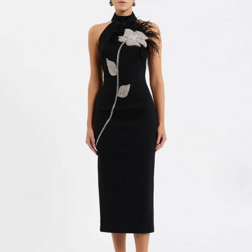 European and American cross-border new flower studded diamond feather bandage dress sexy backless sleeveless dress mid length skirt