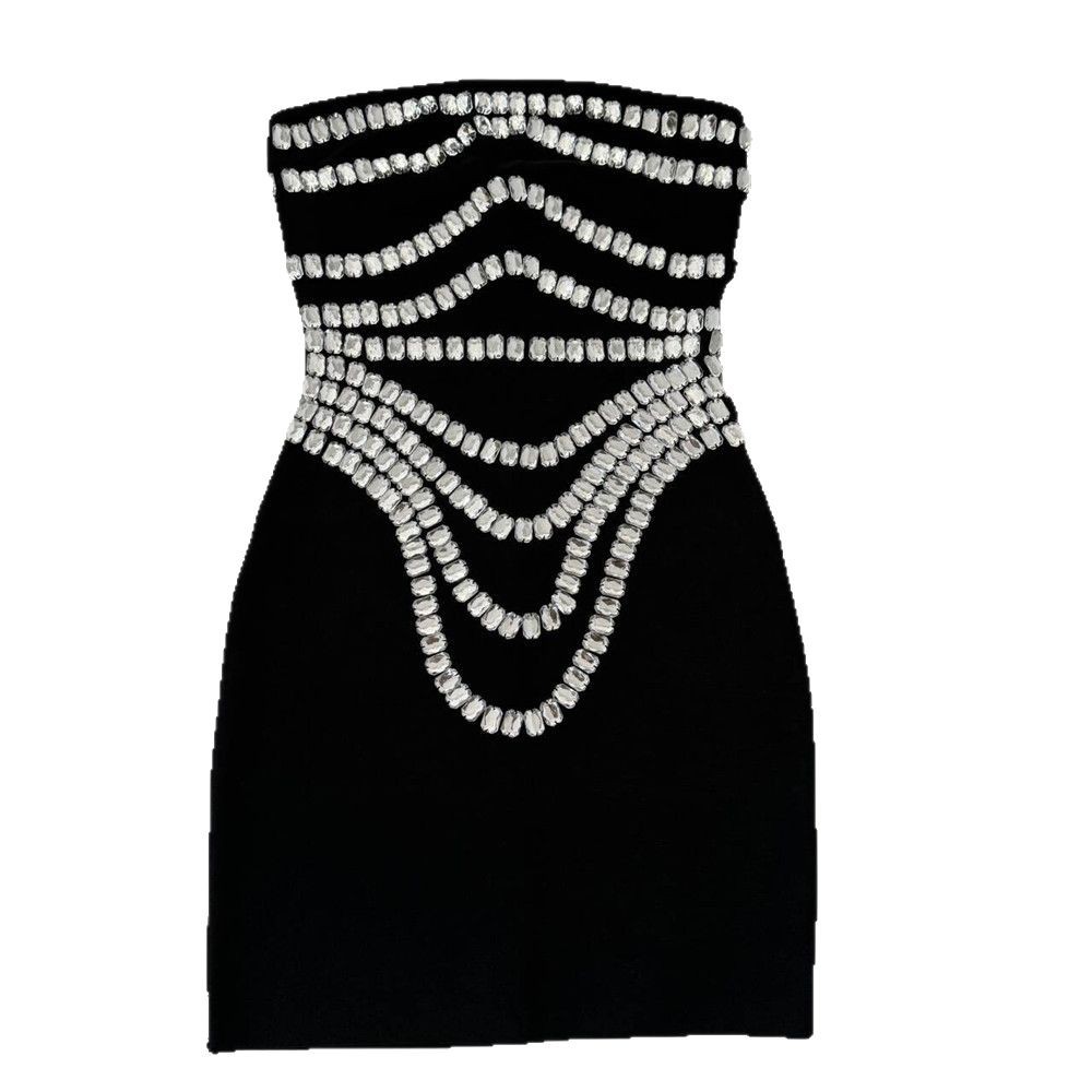 New Heavy Industry Party Dinner Bandage Dress with rhinestones, Personalized strapless Dress, Sexy Tight Women's Cross European New Heavy Industry Party Dinner Bandage Dress with rhinestones, Personalized strapless Dress, Sexy Tight Women's Cross European